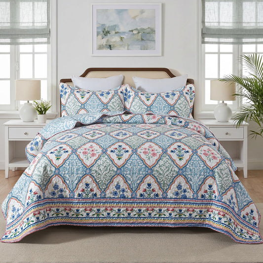 Etwel Lightweight Queen Size Quilt Set - Breathable Reversible Cotton Bedspread for Hot Sleepers, Farmhouse Floral Bedding Set with 2 Pillow Shams for All Season (90"x98", Light Blue Geometric)