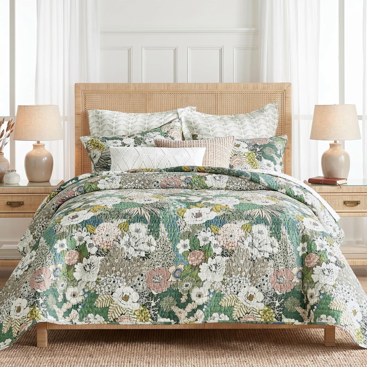 Levtex Home - Bettina Quilt Set - King Quilt and Two King Shams - Floral - Teal, Blue, Green, Mauve, Cream - Quilt (106x92in.) and Shams (20x36in.) - Reversible - Cotton