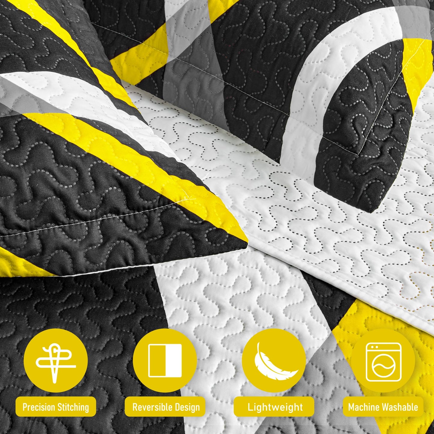 weesire Black and Yellow Bedding Quilt King Size with 2 Shams, Modern Stripe Comforter Sets Classic Line Pattern Bedspreads Grey and Yellow Coverlet, 96''x106''