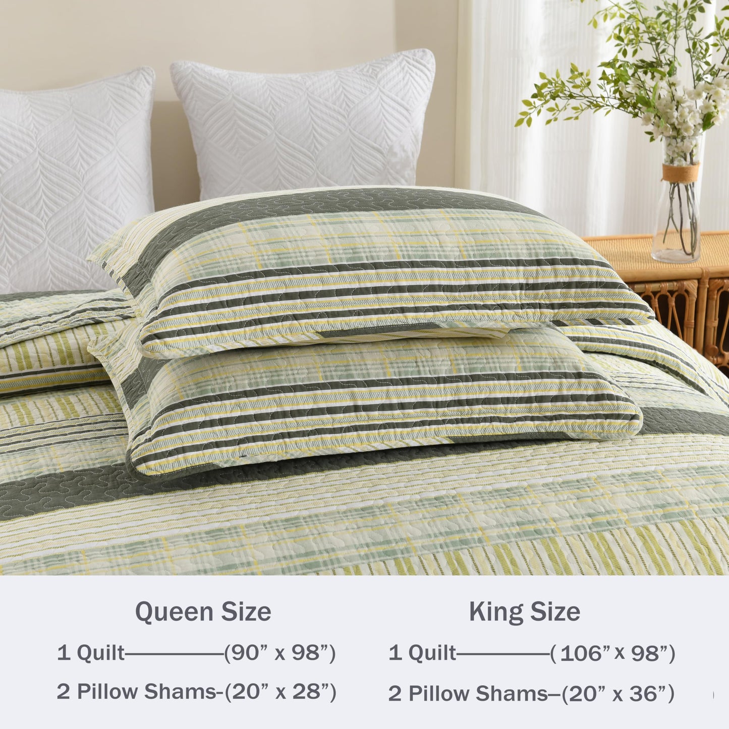Homzard 100% Cotton Quilt King Size, Green Yellow Striped Plaid Quilt Bedding Set,Olive Green Lightweight Soft Farmhouse Bedspread Coverlet,Summer Spring Lightweight King Size Comforter Set 3 Pieces