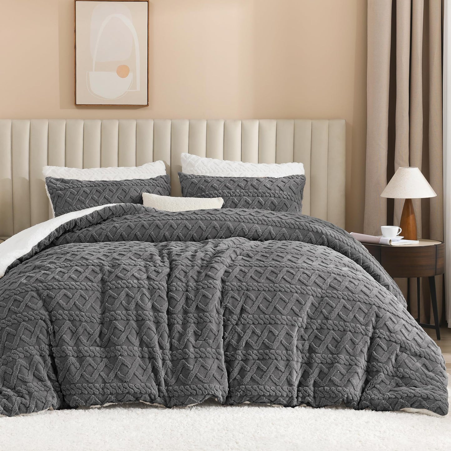 Andency Fluffy Sherpa Full Comforter Set Grey, Super Soft Gray Fleece Warm Bedding for Winter, Luxury Jacquard Boho Thick Fuzzy Plush Bed Set 3 Pieces(1 Shaggy Comforter, 2 Pillowcases)