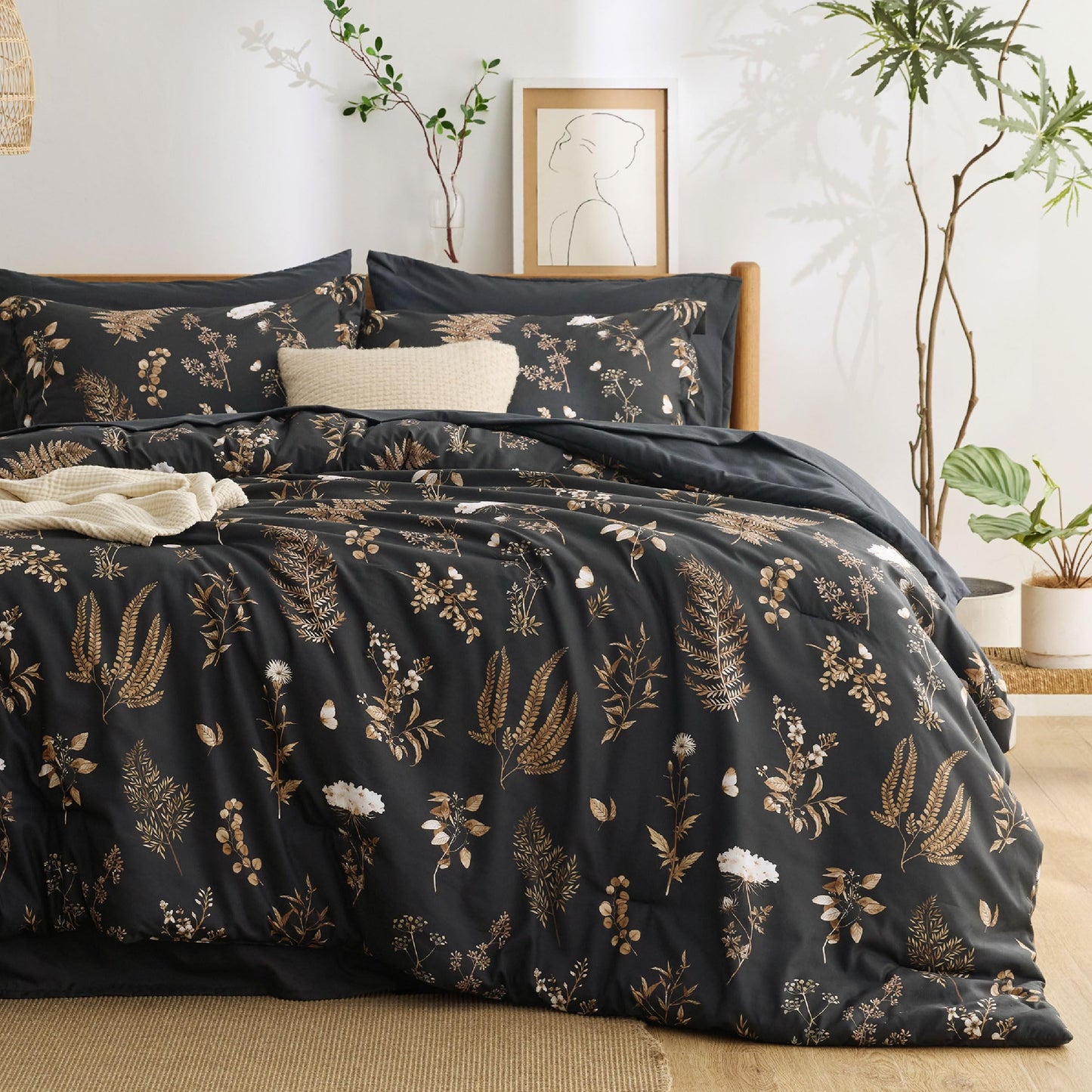 Bedsure Black Queen Comforter Set - 7 Pieces Floral Bedding Sets Queen Bed in a Bag with Reversible Botanical Flowers Comforter, Sheets, Pillowcases & Shams