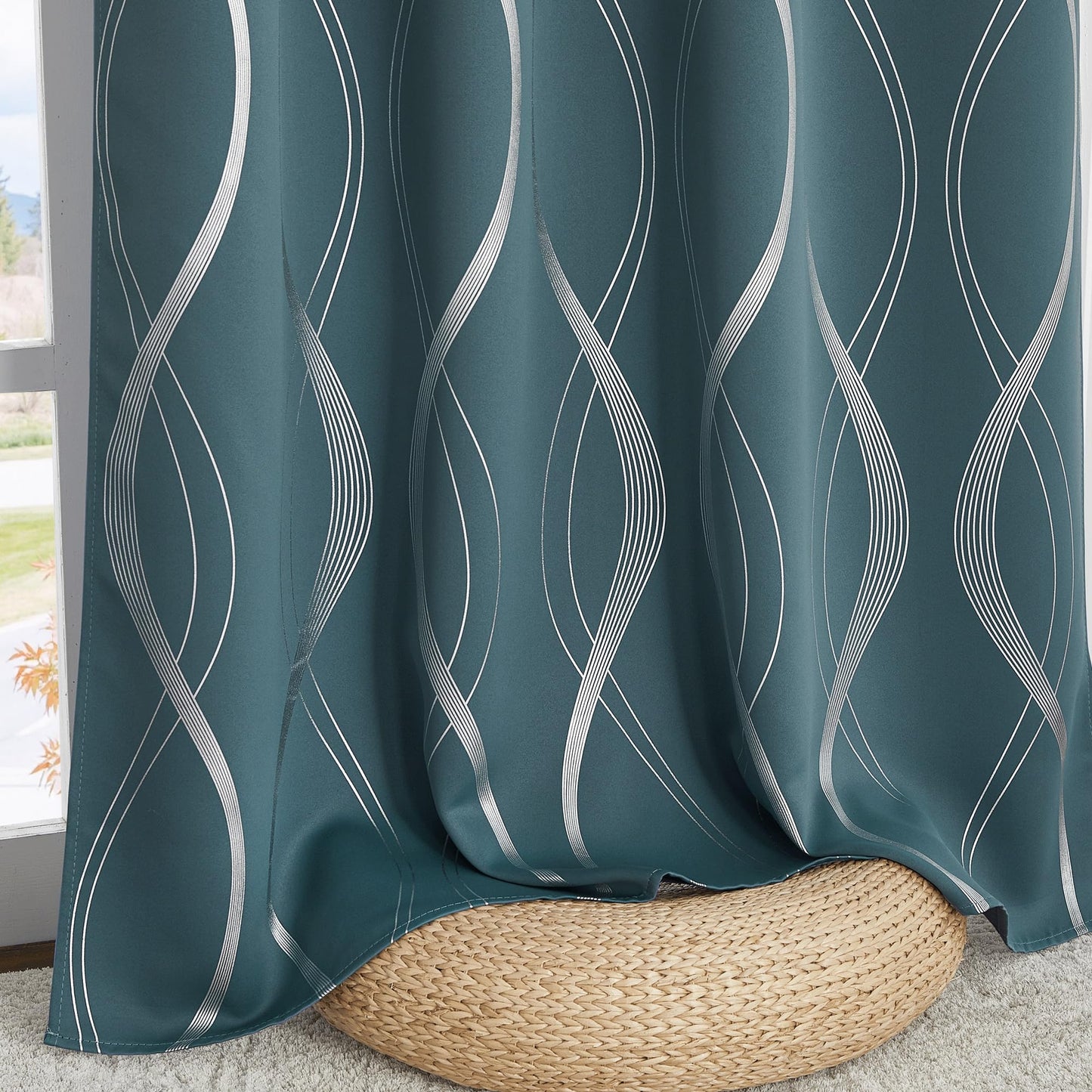 NICETOWN 100% Blackout Curtains Panels for Living Room, Greyish Blue, 52" Wide x 84" Long, 2 Panels, Sound Reducing Thermal Insulated Wave Line Foil Print Design Curtains for Patio Sliding Glass Door