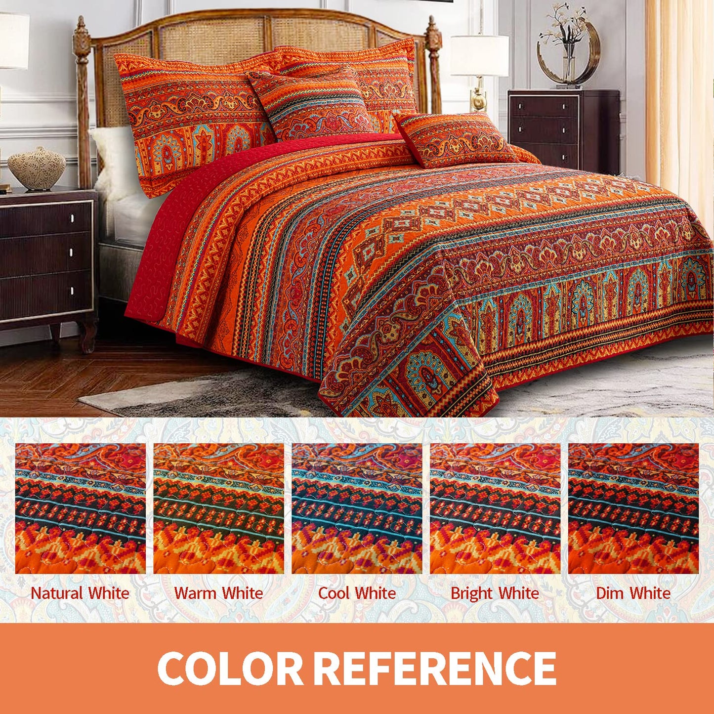 TWINRUN Cotton Quilt Queen, 3 Piece Boho Bedspread Queen Size(90 x 98 Inch)， Lightweight Vibrant Orange Red Bohemian Stripes Bedspread, Cotton Coverlet for All Seasons