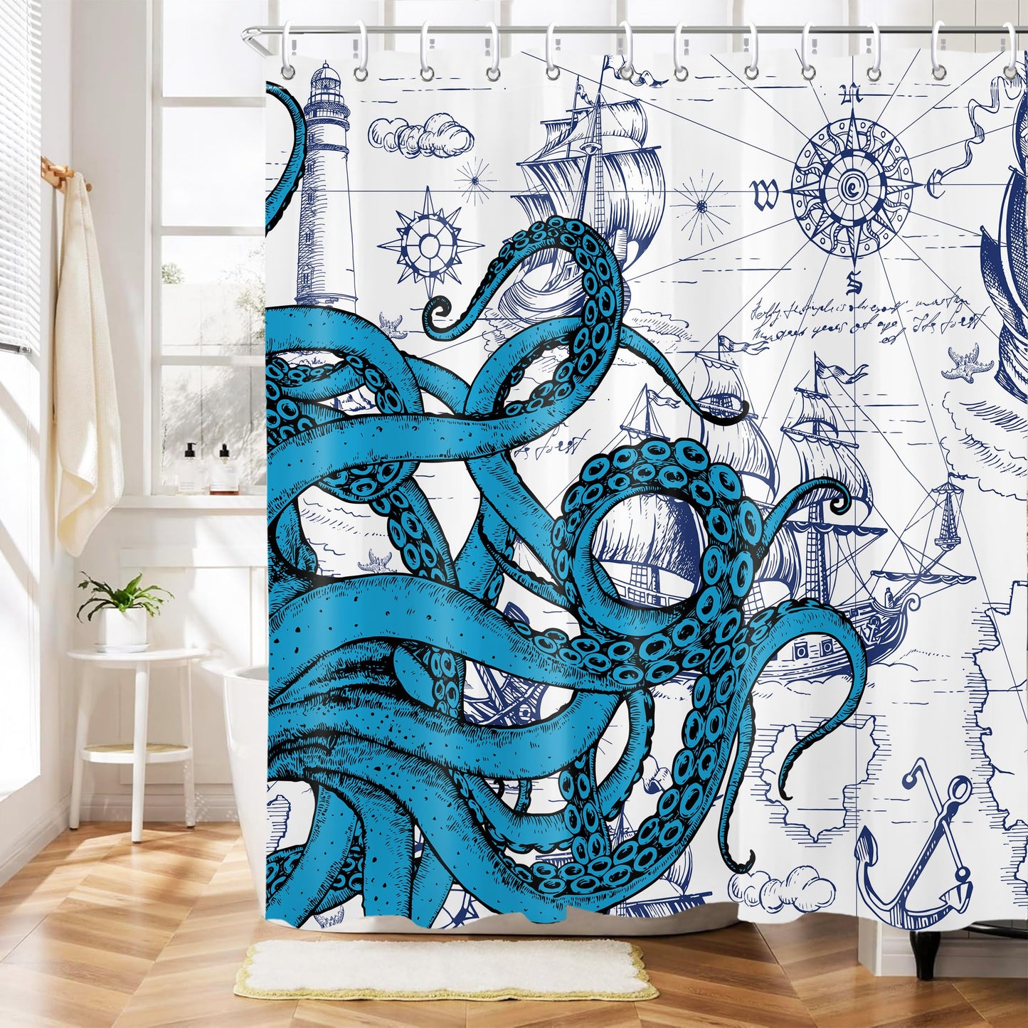 Mayormyth Shower Curtain Blue Nautical Octopus Funny Ocean Kraken Shower Curtains for Bathroom Decor Beach Coastal Pirate Map Shower Curtain Set Polyester Waterproof Cloth Fabric with Hooks