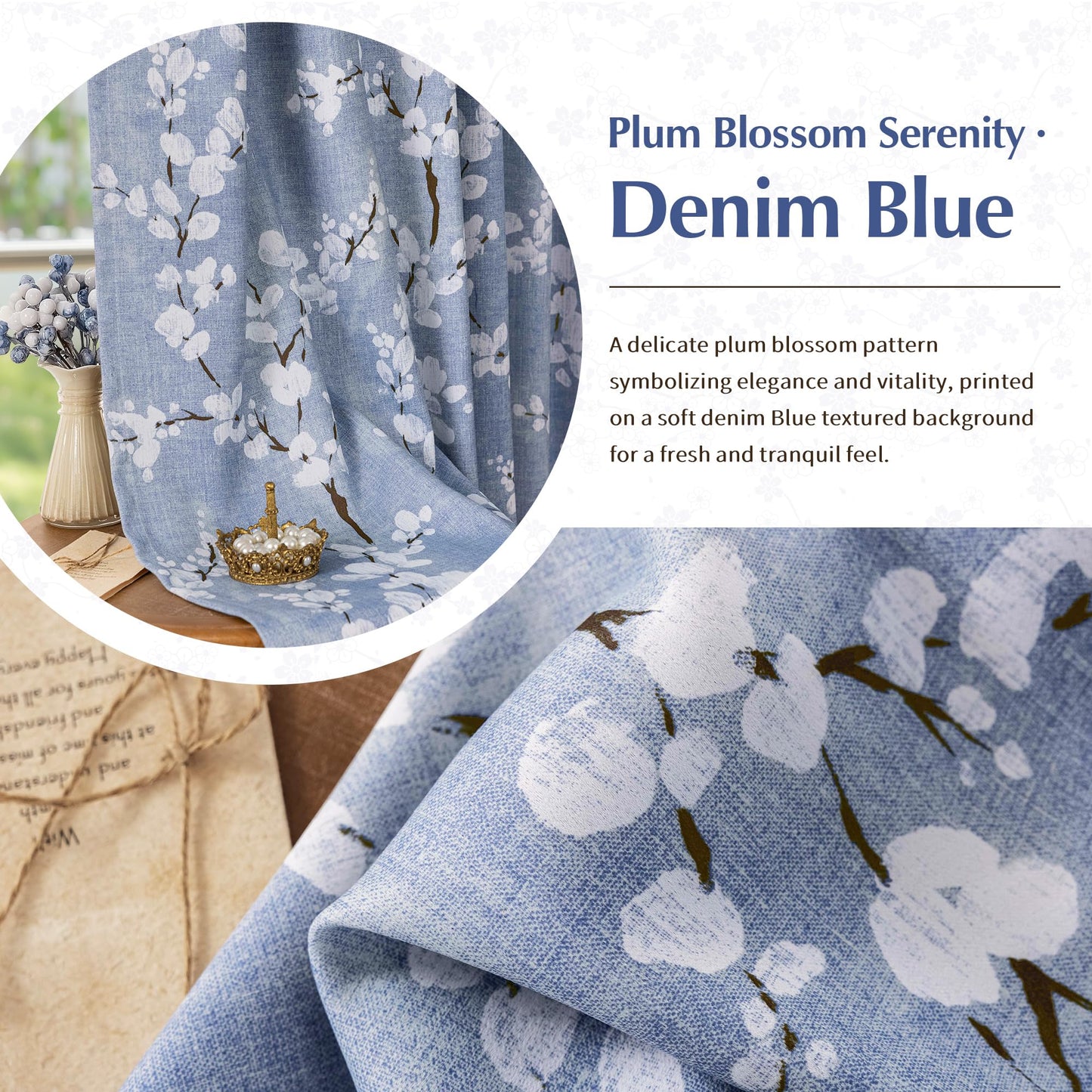 FMFUNCTEX 100% Blackout Floral Curtains for Bedroom, Blue Curtains 63 inch Length Blossom Flower Patterned for Living Room, Thermal Insulated Farmhouse Drapes, Grommet Top 2 Panels (White on Blue)