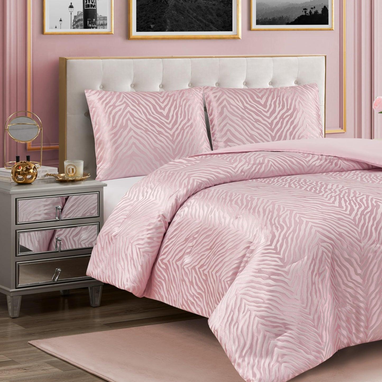 Juicy Couture Pink Marshmallow Sparkle Zebra Jacquard King Comforter Set - 3 Piece Stylish Bedding Ensemble