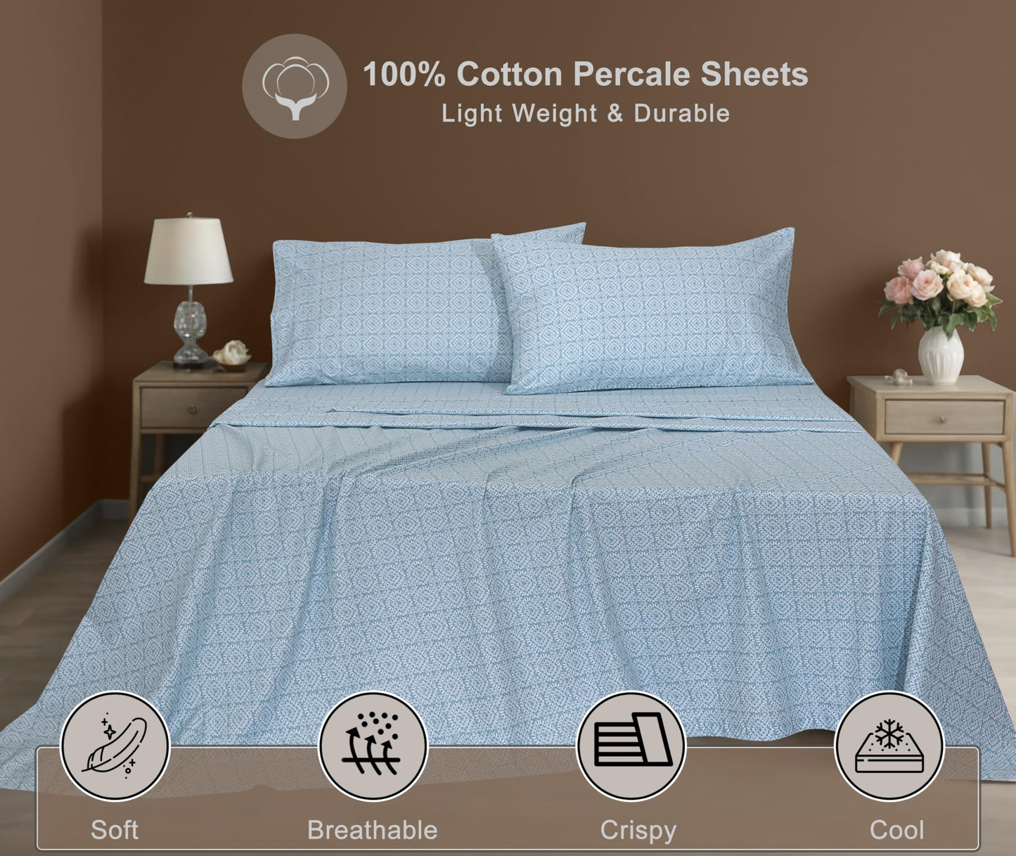 ZOYER 100% Cotton Percale Sheets Queen – Cooling Breathable Bed Sheets for Hot Sleepers, Crisp Hotel Style Bedding, Deep Pocket 16”, Lightweight Soft Durable 4 Pcs Sheet Set, Teal Geo