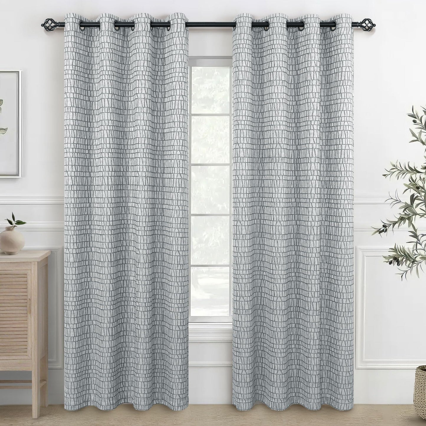 Grey and White Curtains 84 Inches Long for Living Room 50% Blackout Room Darkening Geometric Plaid Pattern Buffalo Check Modern Farmhouse Curtains for Bedroom 84 Inch Length 2 Panels Set Light Gray