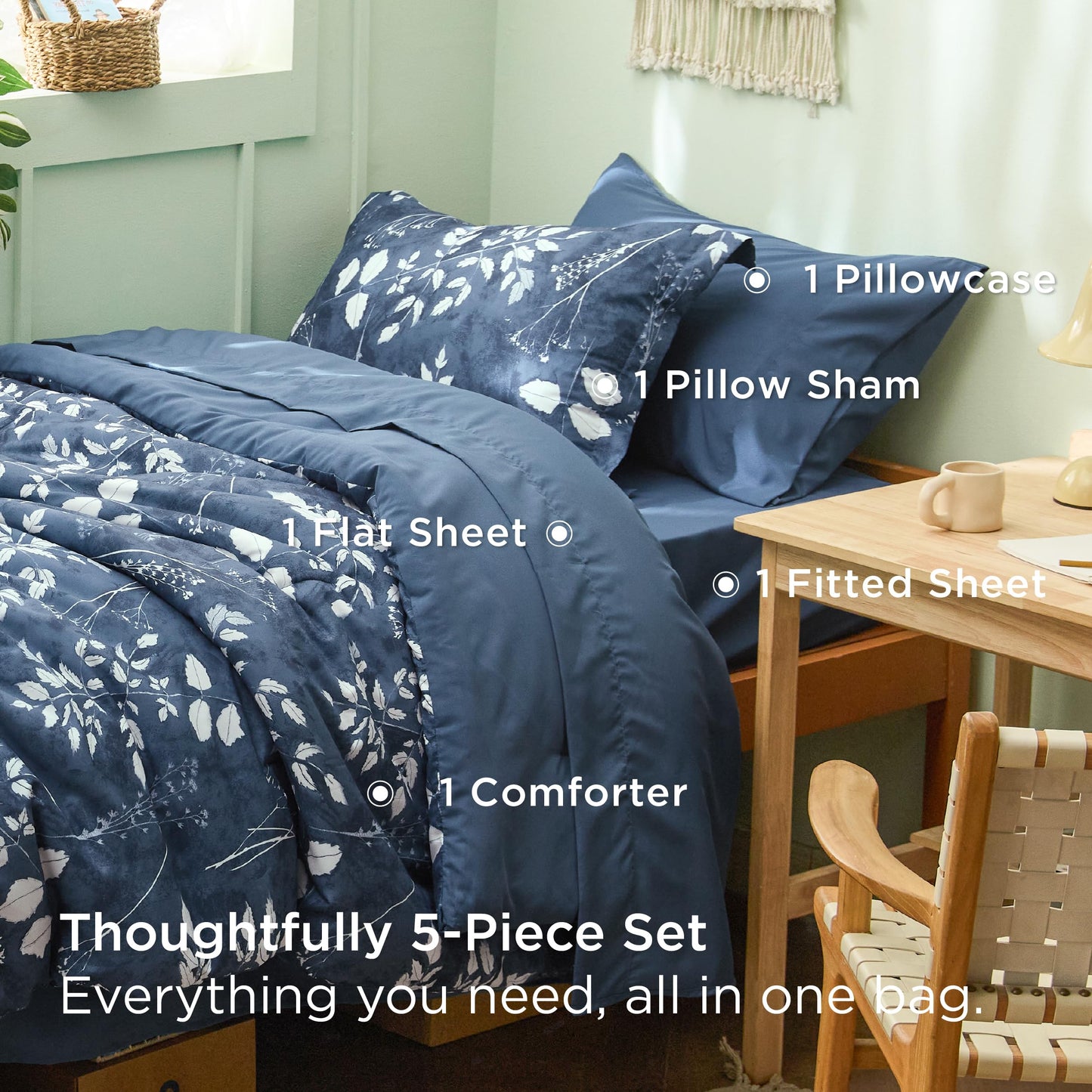 Bedsure Navy Twin XL Comforter Set - 5 Pieces Floral Bedding Sets Twin XL Bed in a Bag with Reversible Botanical Flowers Comforter, Sheets, Pillowcase & Sham