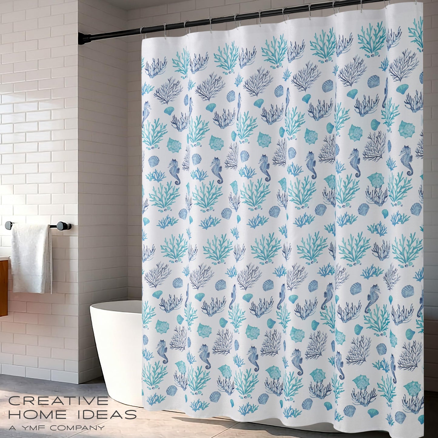 Creative Home Ideas 70"x72" Fabric Shower Curtain with 12 Hooks, South Cape Coastal Teal Blue 13-Piece Shower Set