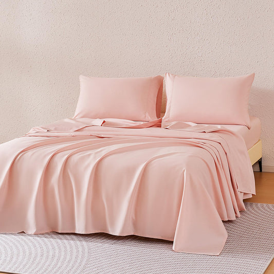 Amazon Basics Sheet Set Cationic 4-Piece Bedding Set, Wrinkle Free and Easy Fit, Easy Care Bedding with 1 Deep Pocket Fitted Sheet, 1 Flat Sheet, and 2 Pillowcases, King, Pink