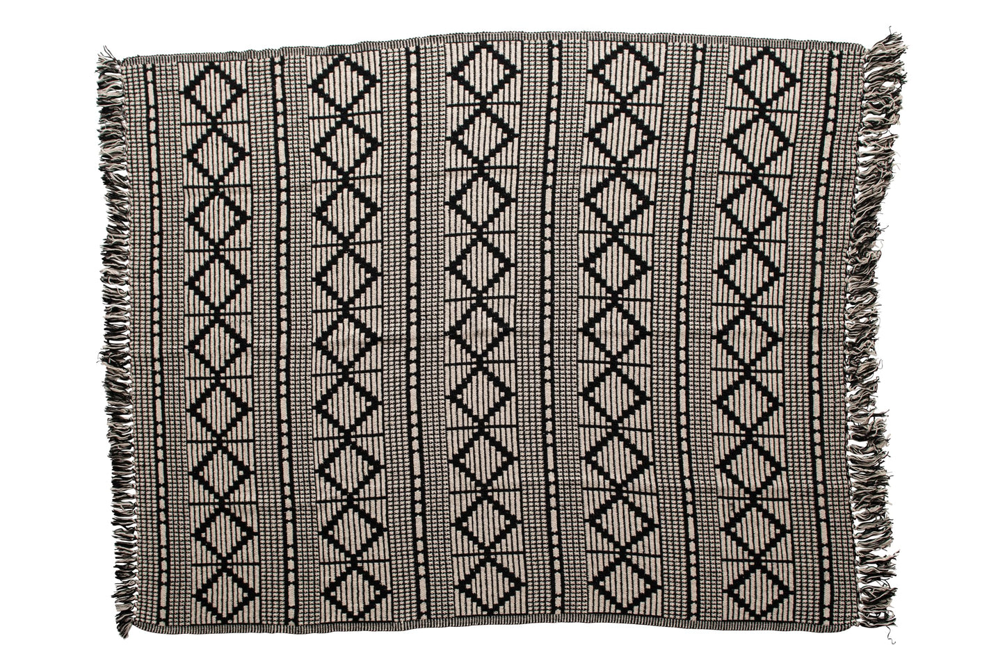 Bloomingville Soft Reclaimed Cotton Blend Throw with Diamond Pattern and Fringe, Black and Beige