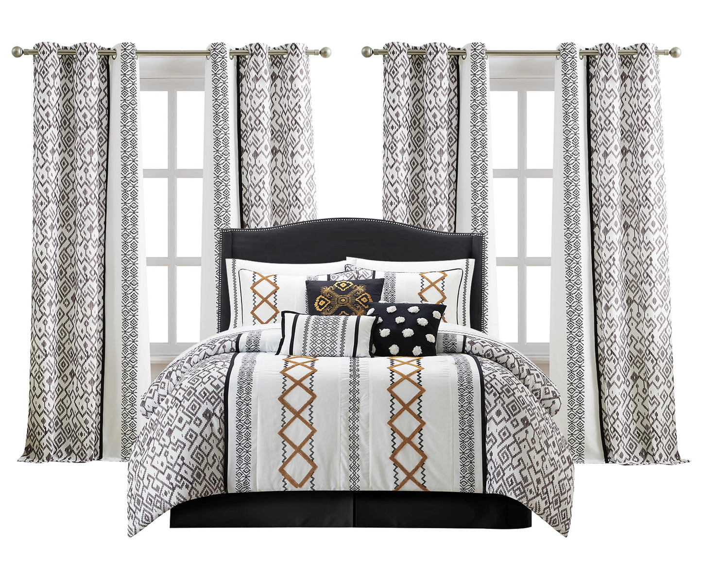 LANCO MODERN LIFESTYLE Black Gold Queen Comforter Set, 15 Pieces All Season Bedding Set with Geometric Terry Embroidered with Sheets, Bedskirt, Pillow Shams and Cases, Decorative Pillows and Curtains