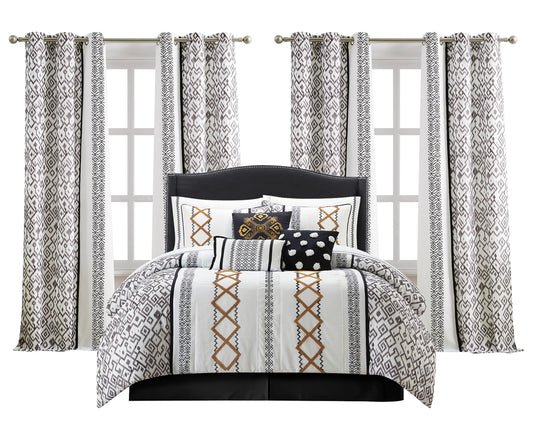 LANCO MODERN LIFESTYLE Black Gold Queen Comforter Set, 15 Pieces All Season Bedding Set with Geometric Terry Embroidered with Sheets, Bedskirt, Pillow Shams and Cases, Decorative Pillows and Curtains