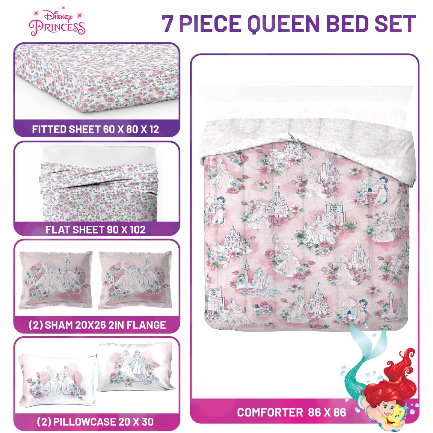 Jay Franco Kids Comforter Set Includes Sheets and Pillow Covers - Soft and Cozy Bed Set for Stylish Room Decor, Pink - Disney Princess, 7 Piece Queen Bedding