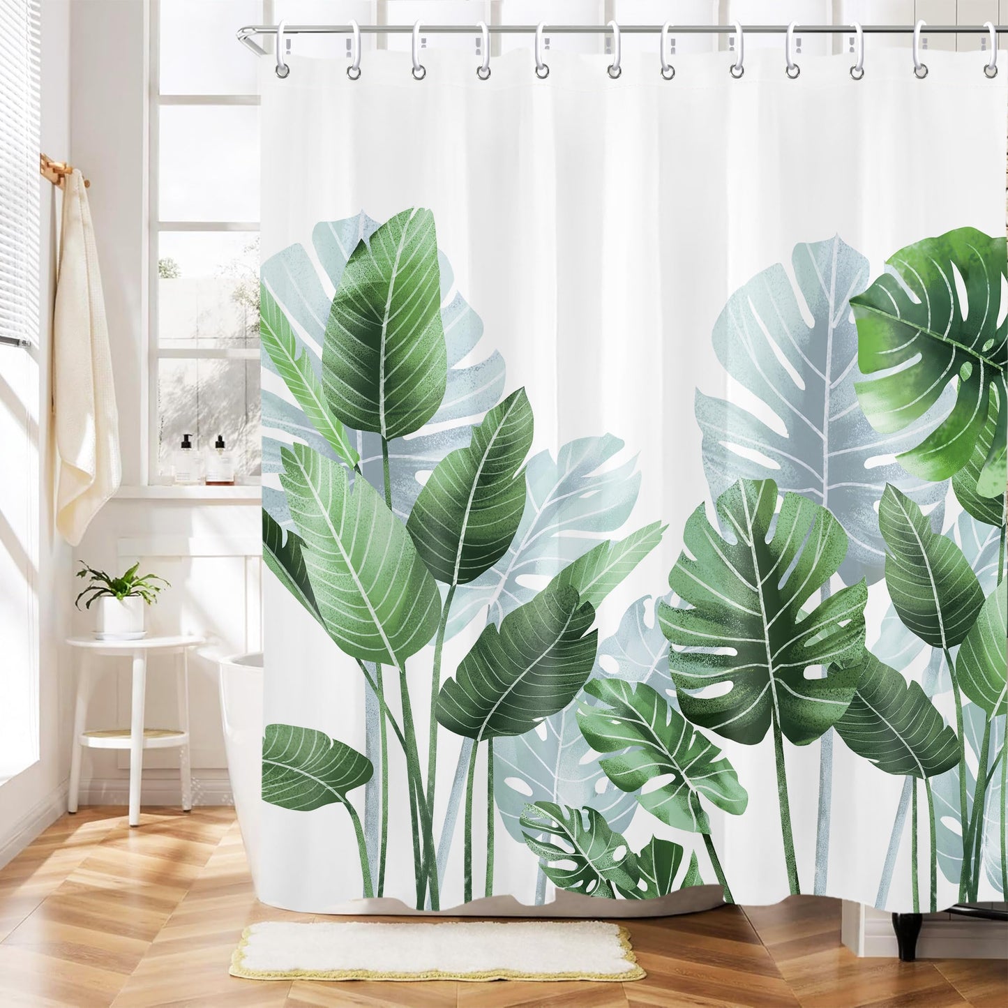 Mayormyth Tropical Green Leaf Shower Curtain Hawaiian Monstera Shower Curtains for Bathroom Boho Plant Palm Leaf Shower Curtain Set Polyester Waterproof Cloth Fabric with Hooks 72x72 Inches