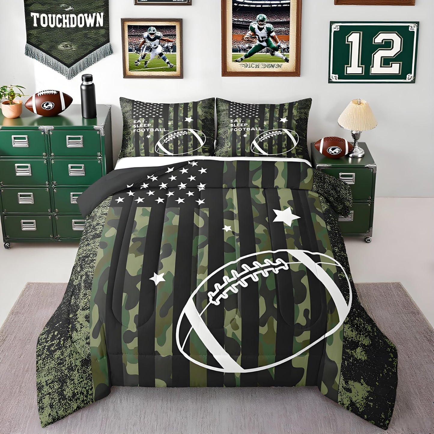 Feelyou Twin Football Bedding Set for Kids Toddler Camo American Flag Comforter Set for Boys Girls Rugby Sports Comforter Teens Soccer Duvet Set Microfiber Bed Set