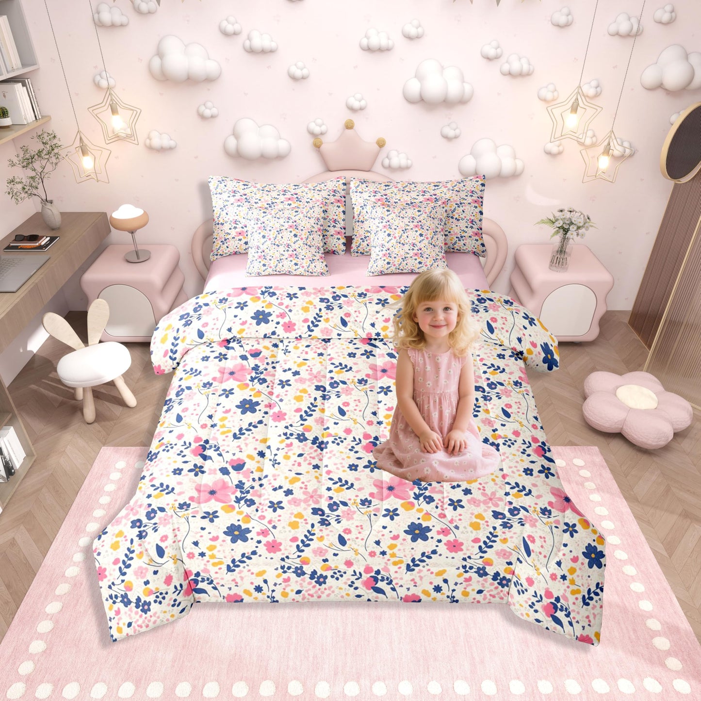 Erosebridal Floral Flowers Girly Pink Yellow 7 Piece Bedding Set Twin | Garden Botanical Comforter Set with Sheets Leaves Aesthetic Bed in A Bag Teens Women Adults Bed Sets