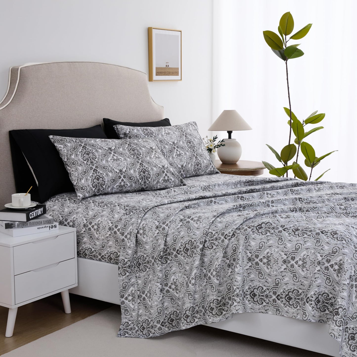 Spirit Linen home 6-Piece Queen Size Bed Sheet Set - Deep Pocket, Paisley Pattern, Soft and Breathable Bed Sheets, Microfiber Material, Includes 1 Fitted, 1 Flat, 4 Pillowcases - Black Paisley Design