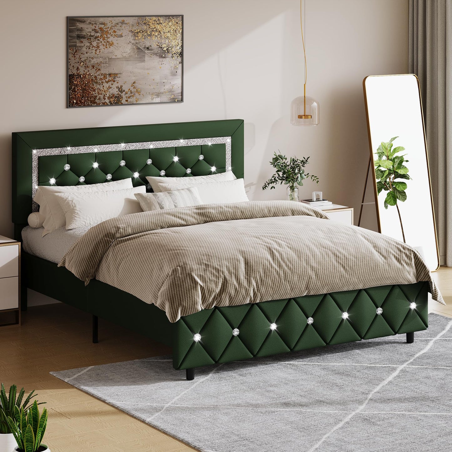 BarnFurin Queen Size Bed Frame with Headboard, Faux Leather Upholstered Bed with Diamond Tufted Design, Modern Bed Frame with Wooden Slats Support, No Box Spring Required, Easy Assembly, Green