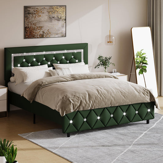 BarnFurin Queen Size Bed Frame with Headboard, Faux Leather Upholstered Bed with Diamond Tufted Design, Modern Bed Frame with Wooden Slats Support, No Box Spring Required, Easy Assembly, Green