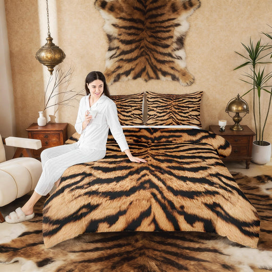 3D Tiger Skin Comforter Set Wild Africa Animals Bedding Set Queen Size Kids Teens Men Adult Home Room Decor Abstract Black Brown Stripes Quilt Set Romantic Vintage Duvet Insert,2 Pillowcases