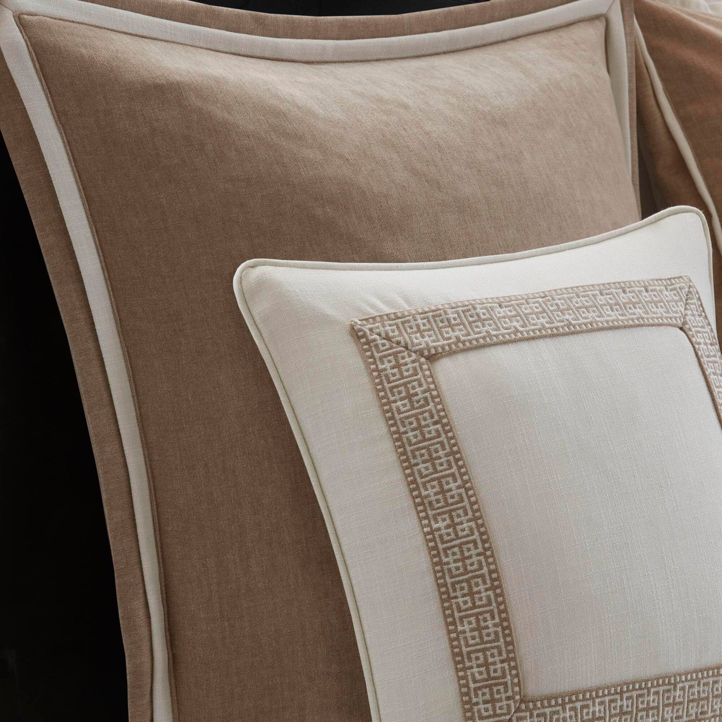 Madison Park Signature Oversized Queen Comforter Set, Luxury Hotel Style Bedding with Embroidered Details, All Season Down Alternative Comforter, Matching Shams&Decorative Pillows, Tan/Ivory, 8 Piece