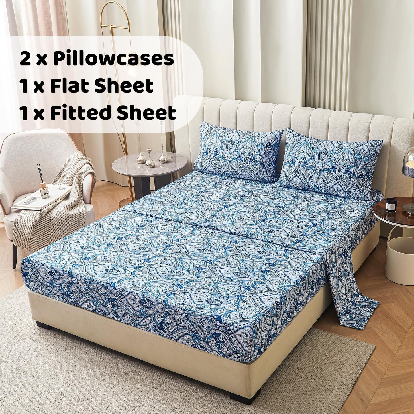 Softan Blue Paisley Printed Queen Size Sheet Set, Blue Floral Sheets Queen, Cozy Microfiber Fitted Sheet with 15" Deep Pocket & Non-Slip Straps, Flower Patterned Sheets & Pillowcase Sets