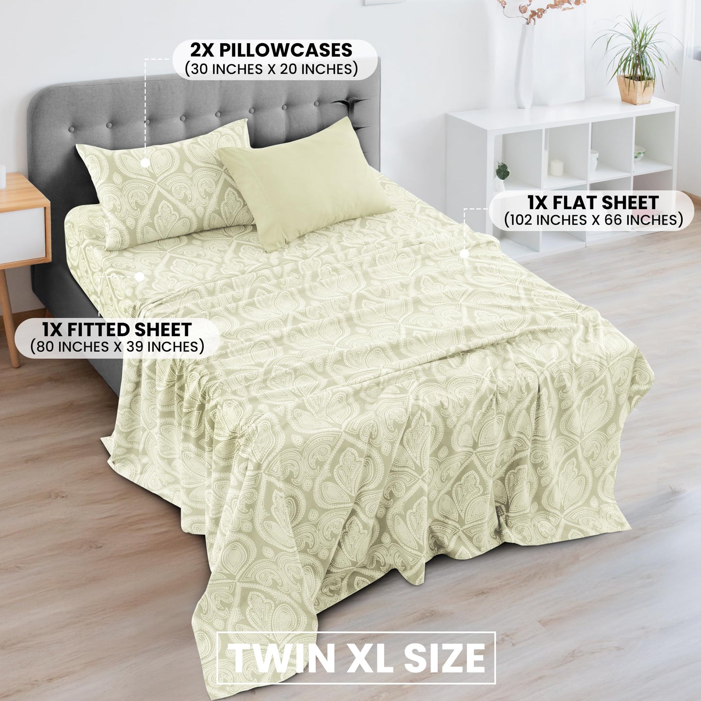 Ultra Soft Wrinkle-Free Microfiber Paisley Twin XL Sheet Set, Cute Floral Pattern Boho Print – 16" Deep Pocket Fitted Sheet, Flat Sheet & 2 Pillowcases, Breathable, OEKO-TEX - Ivory