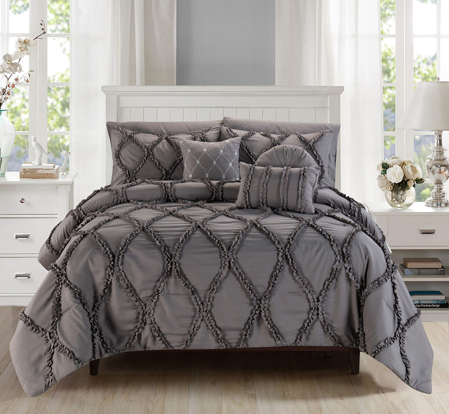 Elegant Comfort Luxury Best, Softest, Coziest 10-PIECE Bed-in-a-Bag Infinity Design Comforter Set, Includes Bed Sheet Set with Double Sided Storage Pockets and Decorative Pillows, Full/Queen, Grey