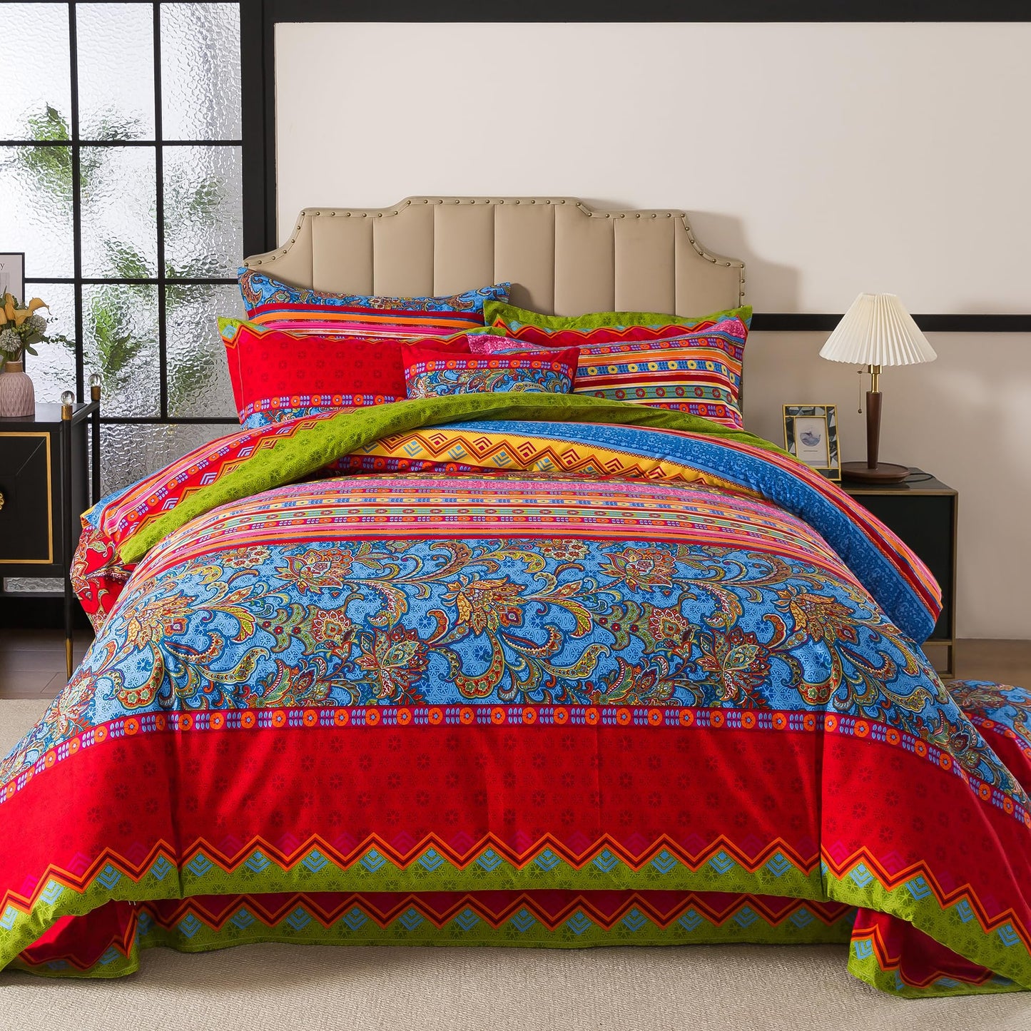 FADFAY Ethnic Boho Duvet Cover Set King/California King 100% Brushed Cotton Soft Bohemian Bedding Paisley Exotic Colorful Printed Bedding Reversible Zipper Bed Comforter Cover + 2 Pillowshams, 3Pcs