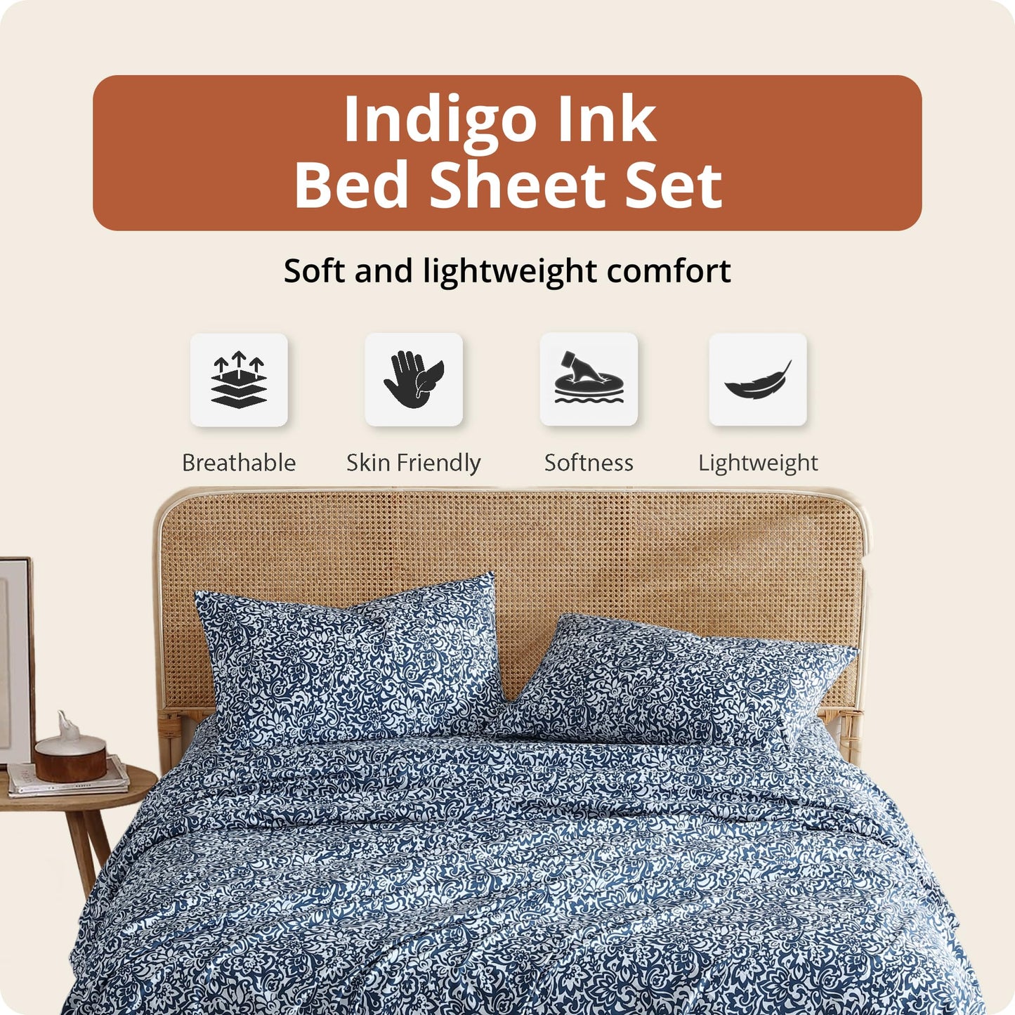Indigo Ink Full Size 4-Piece Sheet Set - Fitted & Flat Sheets & Pillowcases, Boho Pattern, Soft, Breathable, Durable & Wrinkle Resistant, Deep Pocket Sheets, Tufted Medallion Collection Navy Blue