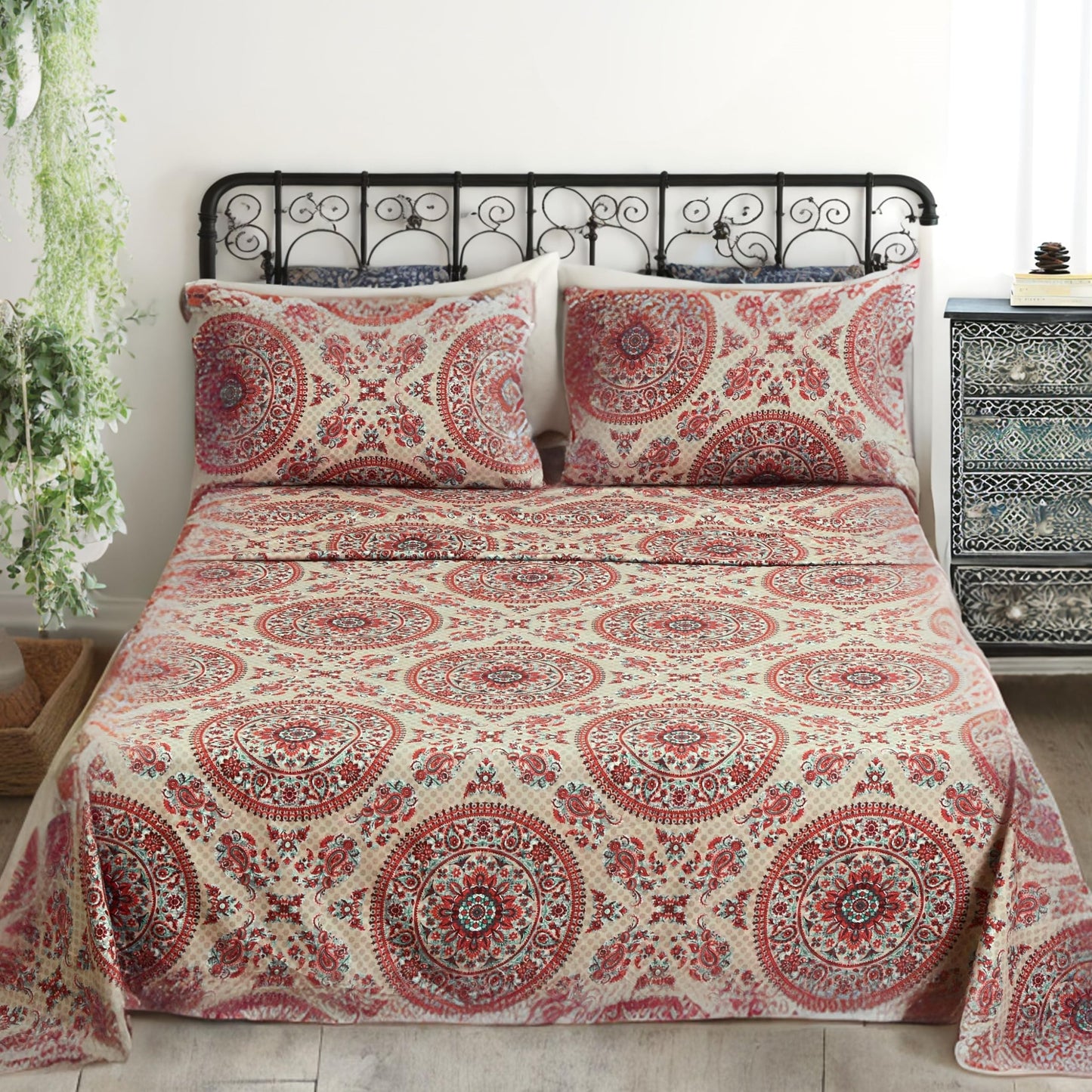 Tache 3pc Bohemian Boho Chic Medallion Mandala Paisley Boteh Flat Sheet, Queen