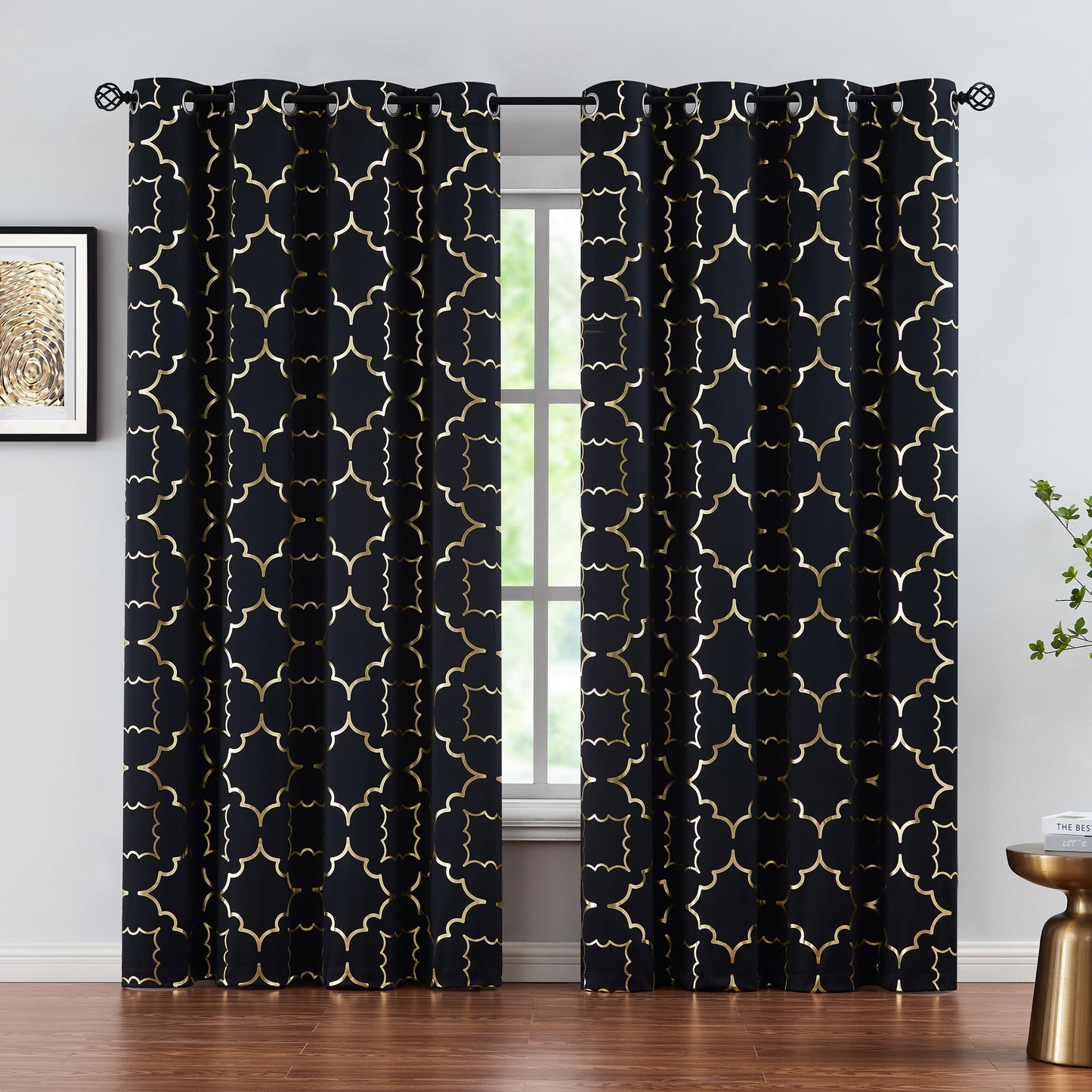 Purainbow Black Blackout Curtains for Bedroom Living Room with Gold Foil Print Panels Room Darkening Energy Saving Grommet 95% Blackout Drapes for Patio Hall Studio, 2 Panels, 52" Wx63 L