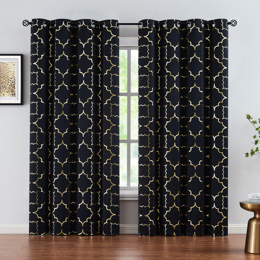 Purainbow Blackout Curtains for Bedroom, Gold Foil on Black Curtains 90 Inches Long Curtains for Living Room Metallic Moroccan Print Drapes, Energy Efficient Window Treatments Grommet Top 2 Panels