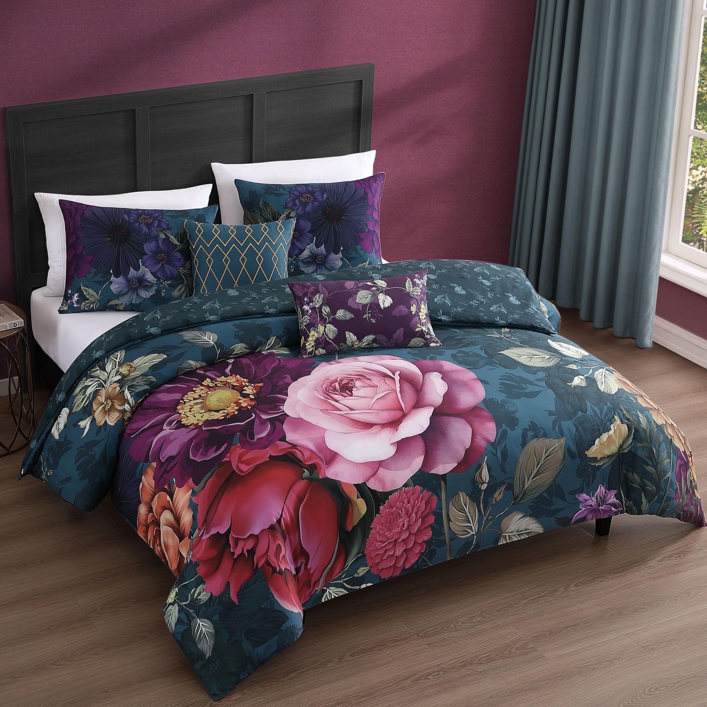 Bebejan Vibrant Flora 5 Piece Comforter Set, 100% Cotton Sateen, 220 Thread Count, Reversible Bedding Comforter Set, 1 Comforter, 2 Shams & 2 Pillows (King/Cal King)
