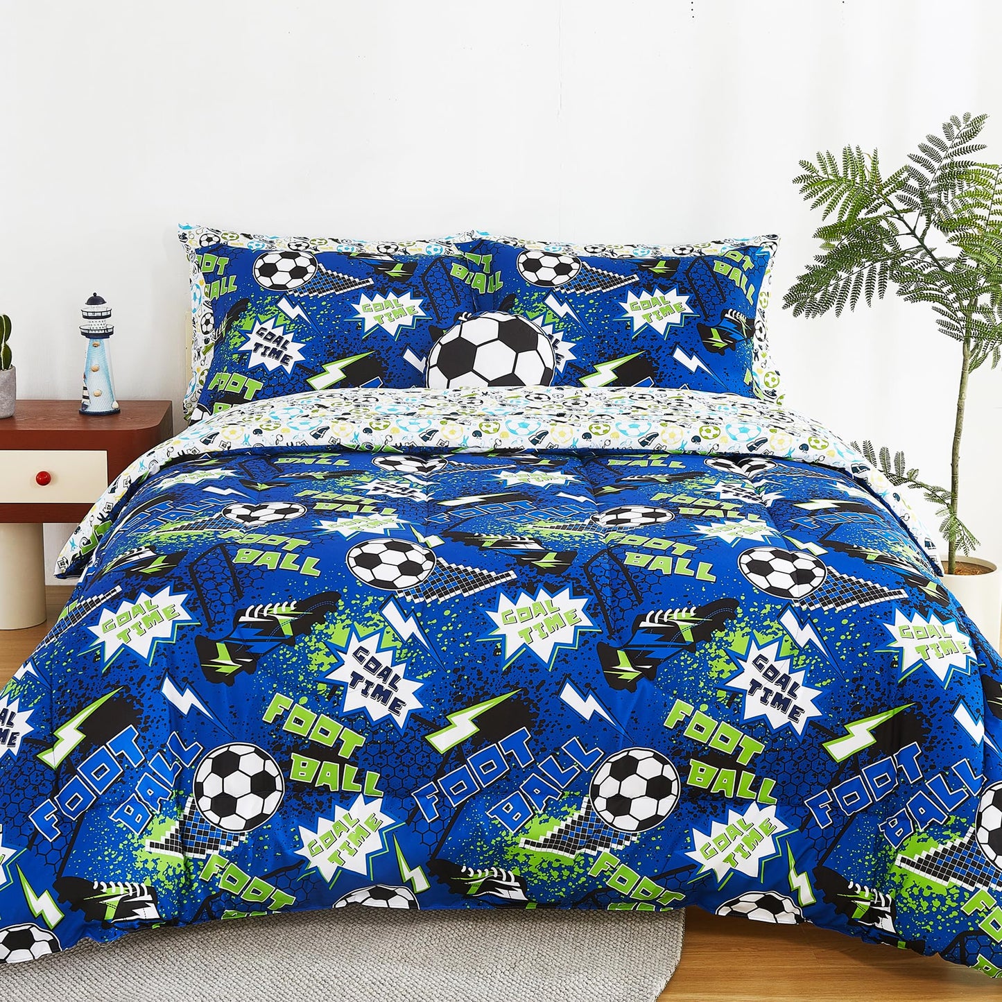 Mooreeke Kids Twin Comforter Sets for Boys 6 Pieces Cool Football Bedding Set for Teens Microfiber Blue Green Soccer Kids Bed in A Bag with Comforter, Sheet Set, Shams and Decorative Toy Pillow