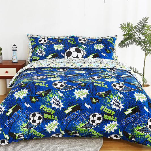 Mooreeke Kids Twin Comforter Sets for Boys 6 Pieces Cool Football Bedding Set for Teens Microfiber Blue Green Soccer Kids Bed in A Bag with Comforter, Sheet Set, Shams and Decorative Toy Pillow