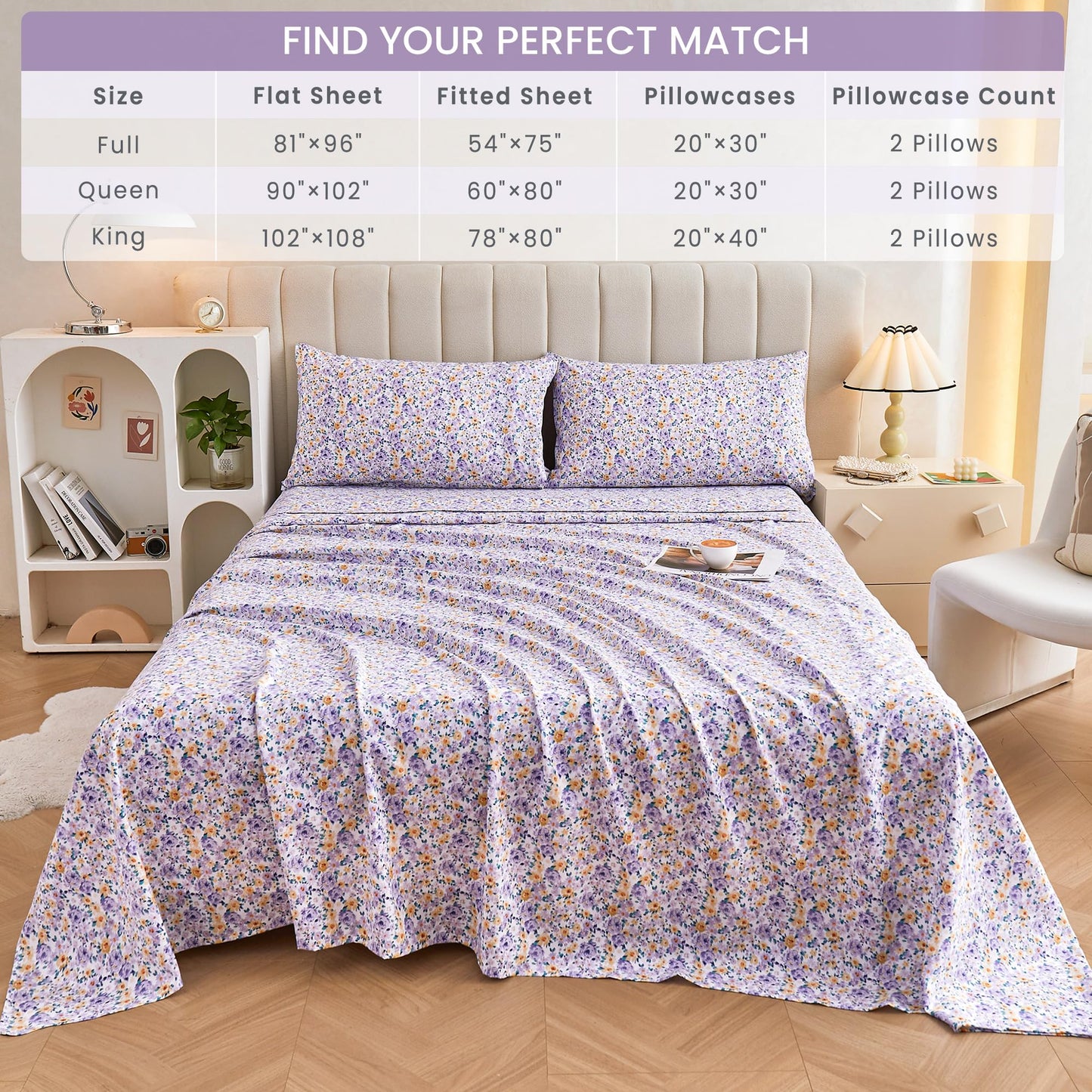 Mooreeke Floral Queen Bed Sheets, Soft Microfiber Printed Bedding Sheets & Pillowcases, Deep Pocket Non-Slip Vintage Queen Sheet, Purple Yellow Flower Pattern Bedsheets