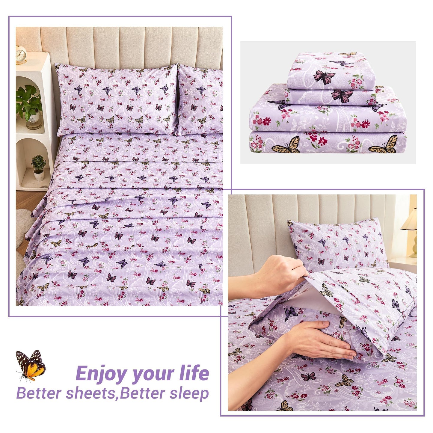 Softan Purple Floral Bed Sheets Full, Paisley Flower Printed Sheet Set, Cozy Microfiber Fitted Sheet with 15" Deep Pocket & Non-Slip Straps, Butterfly Patterned Sheets & Pillowcase Set