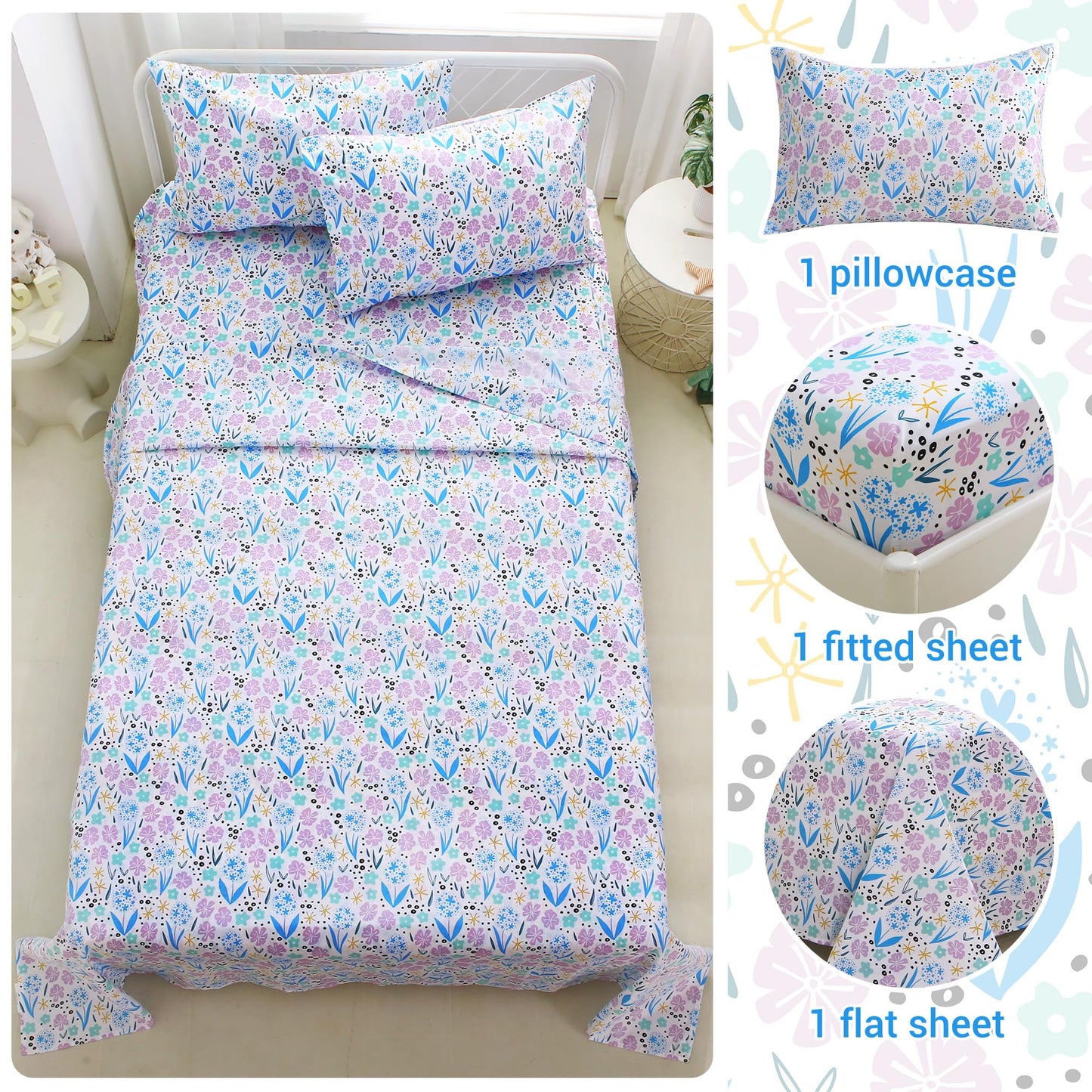 Viviland 3 Pieces Girls Purple Floral Twin Sheet Set - Soft Microfiber Fitted Flat Sheets & Pillowcase - Purple Colorful Flower Print Bedding Sets - for Kids & Toddlers