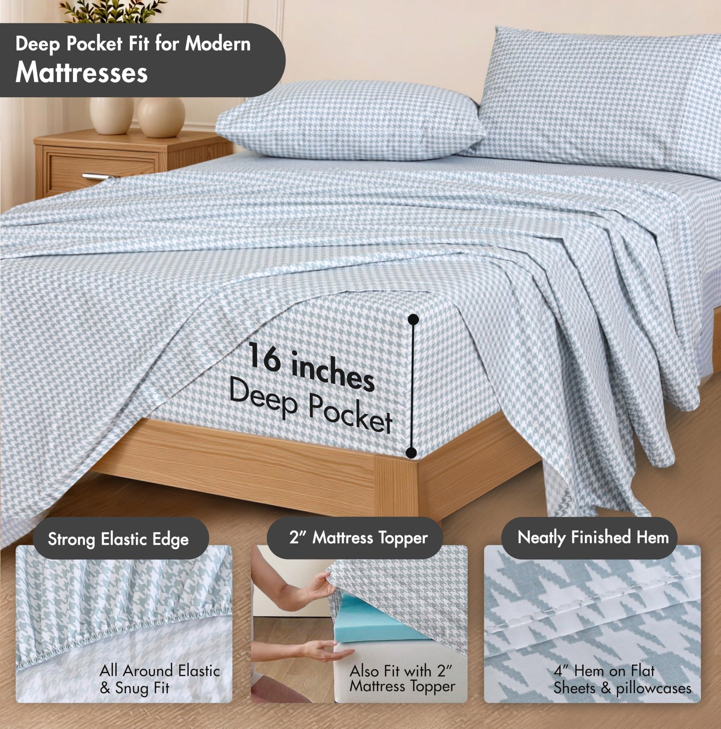 RUVANTI 100% Cotton Percale Sheets Full Size, Houndstooth