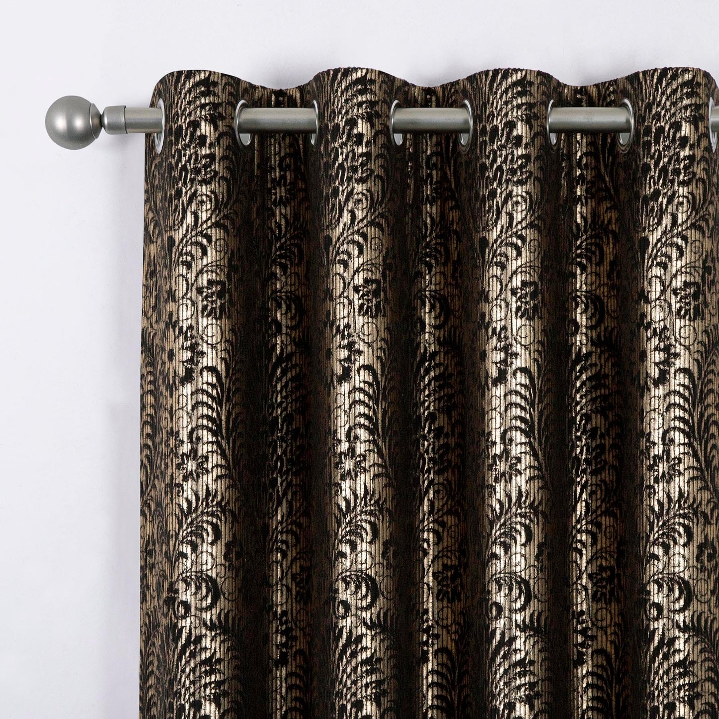 always4u 100% Blackout Damask Foil Print Black and Gold Ridged Velvet Curtains 108 Inches Long Drapes 2 Panels Shiny Metallic Window 54 * 108 Inches