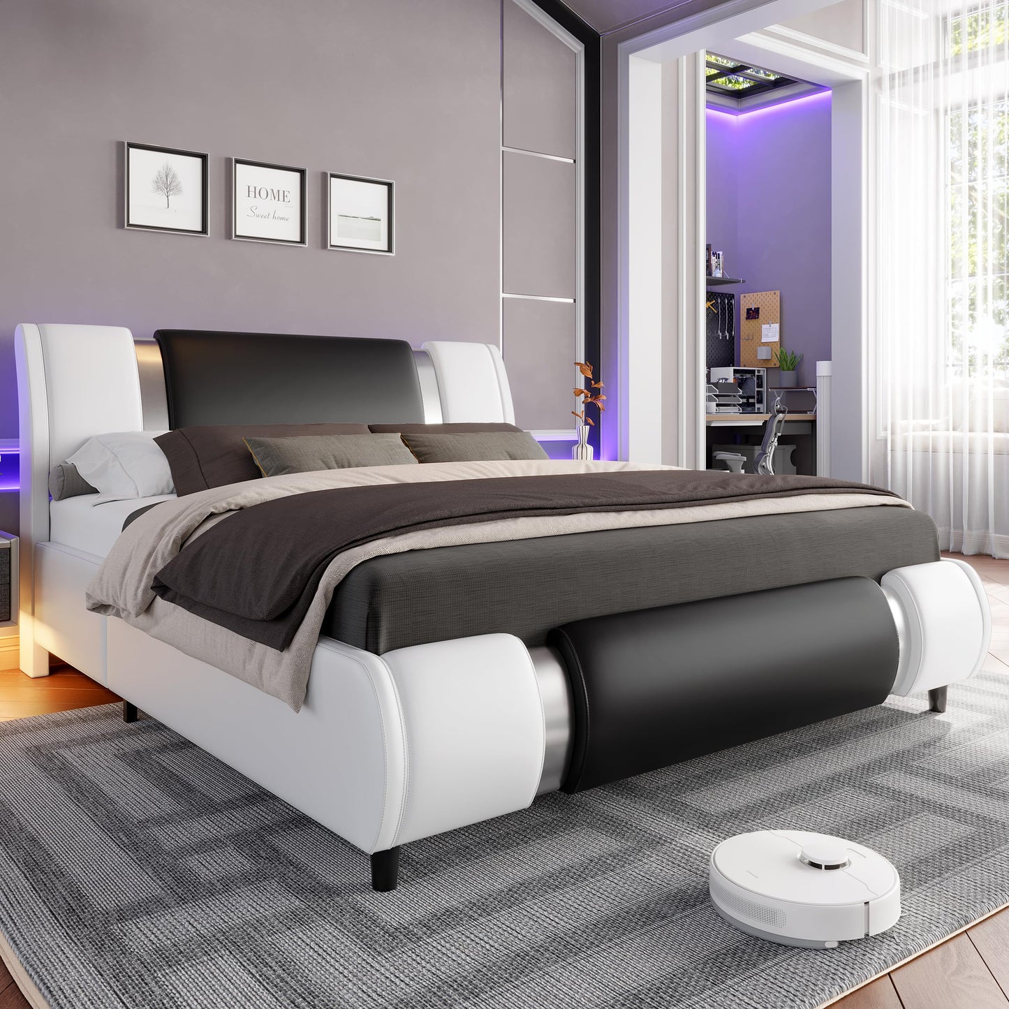 Keyluv Modern Queen Size Bed Frame with Mirror Metal Decoration, Faux Leather Upholstered Platform Bed with Curved Headboard, Wooden Slats Support, No Box Spring Needed, WhiteBlack