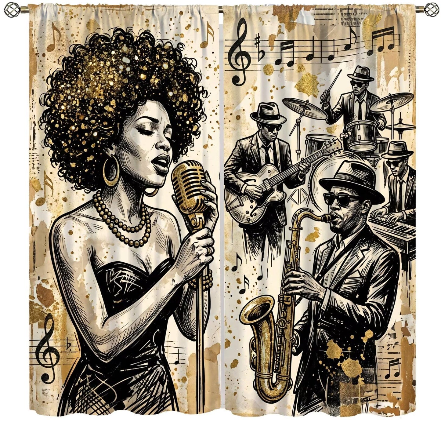 PHTAYOT American Woman Jazz Music Curtains African Black Girl Singing Jazzist Band Black Gold Modern Art Pattern Decor Window Drapes for Bedroom Living Room,2 Panels Set,42x45Inch