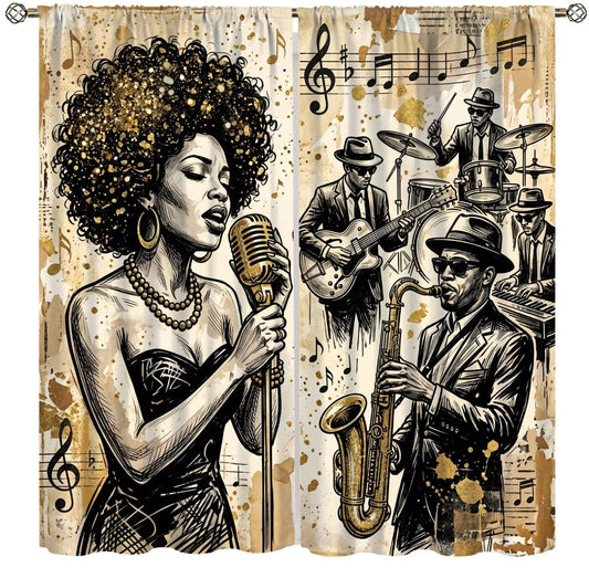 PHTAYOT American Woman Jazz Music Curtains African Black Girl Singing Jazzist Band Black Gold Modern Art Pattern Decor Window Drapes for Bedroom Living Room,2 Panels Set,42x45Inch