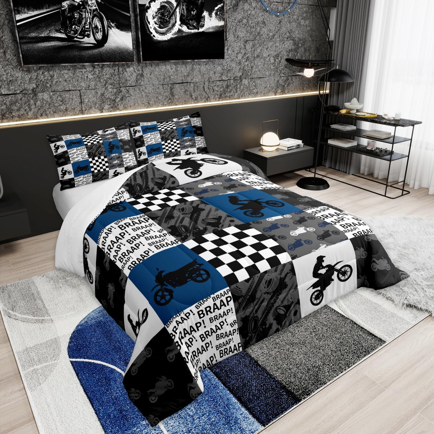 Castle Fairy,Dirt Bike Comforter Set Twin Size Black Grey Blue Motocross Rider Bedding Set Kids Boys Teens Men Racing Themed Patchwork Grid Quilt Set Fashion Motorcycle Silhouette Duvet Insert 2pcs