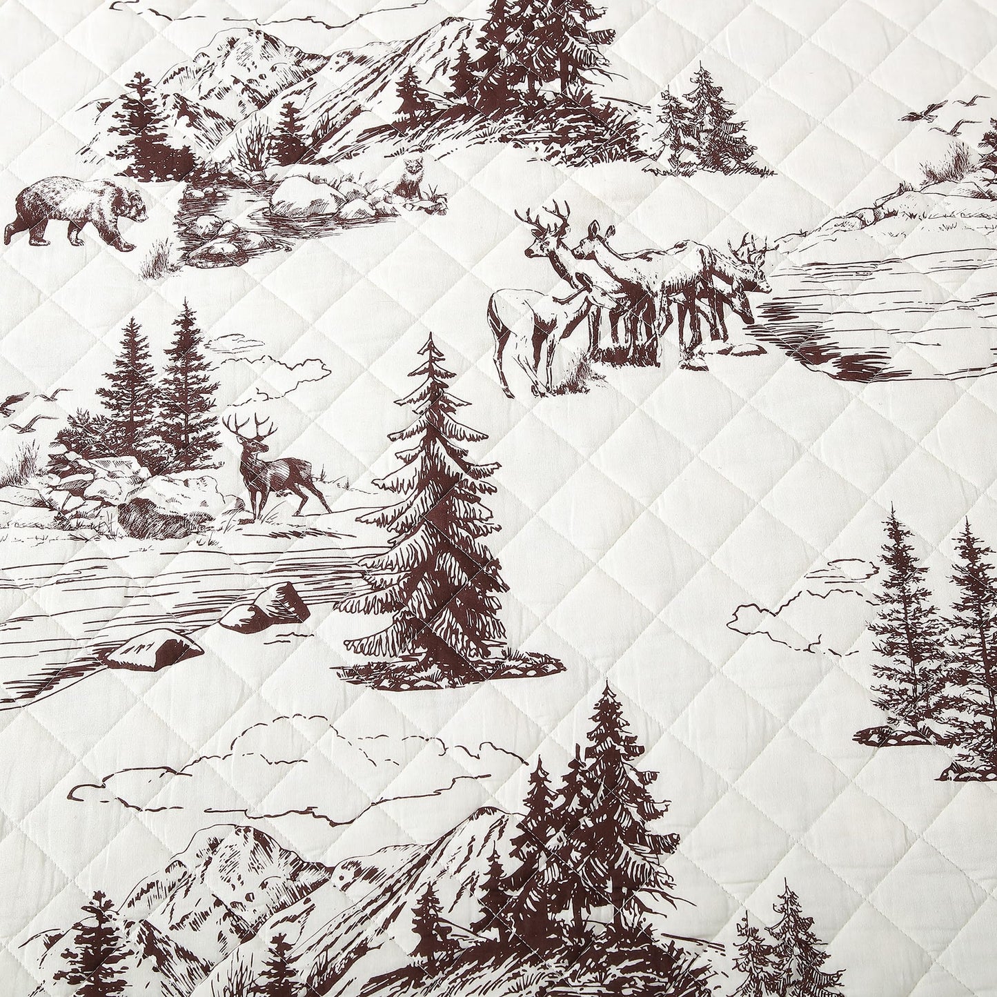 Paseo Road White Pine Rustic Bedding 3 Piece Full Queen Quilt Set, Cotton White Brown Bear Deer Pine Tree Woodland Print Cabin Bedding, Reversible Lodge Quilt Set with Pillow Shams