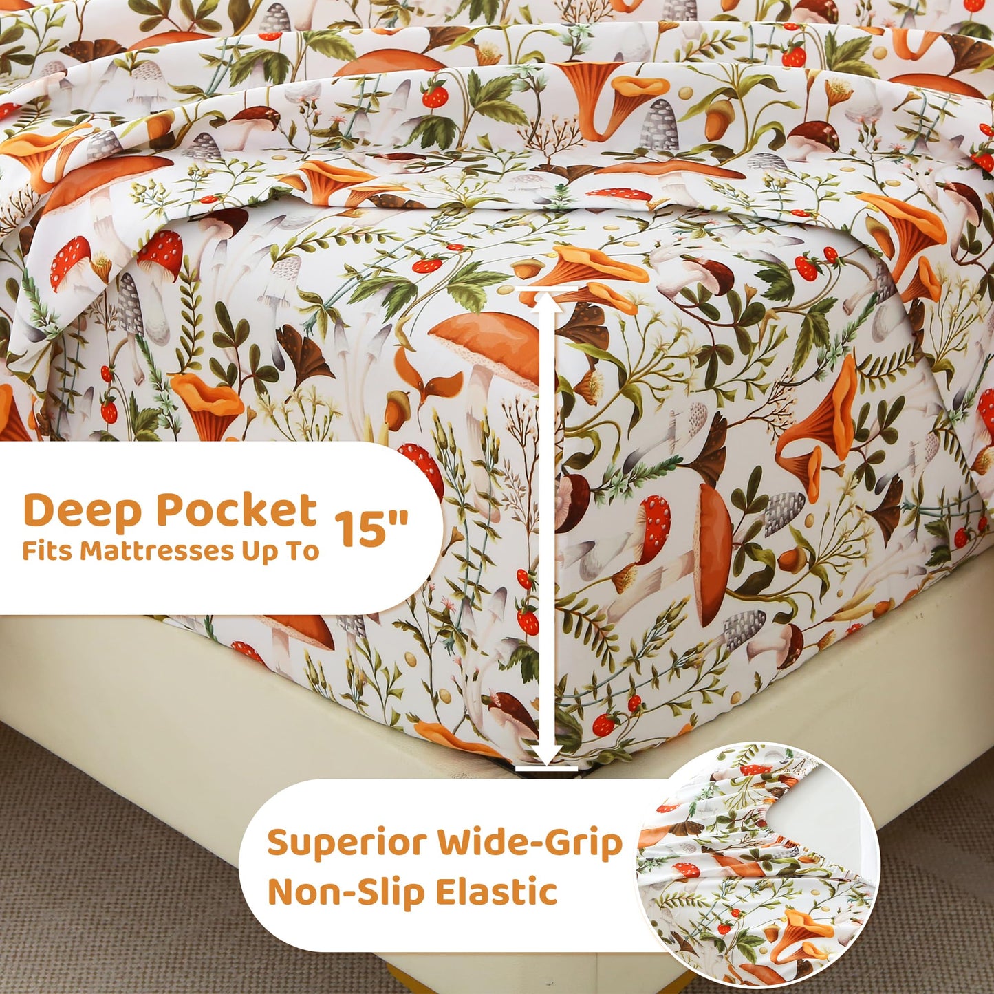 Mooreeke Cozy Vintage Microfiber Printed King Sheet Set - Soft & Breathable Percale Mushroom Forest Bed Sheets with Extra Deep Pocket - Non-Slip Fitted Design - Jungle Mushroom Leaves Pattern - King